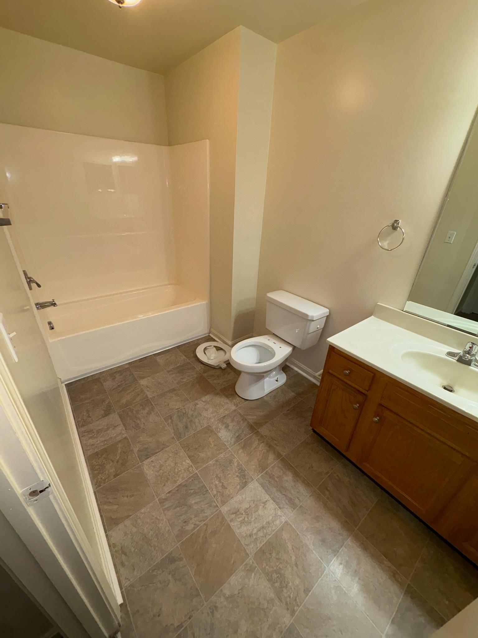 An empty bathroom cleaned and ready for handover, tub and vanity spotless