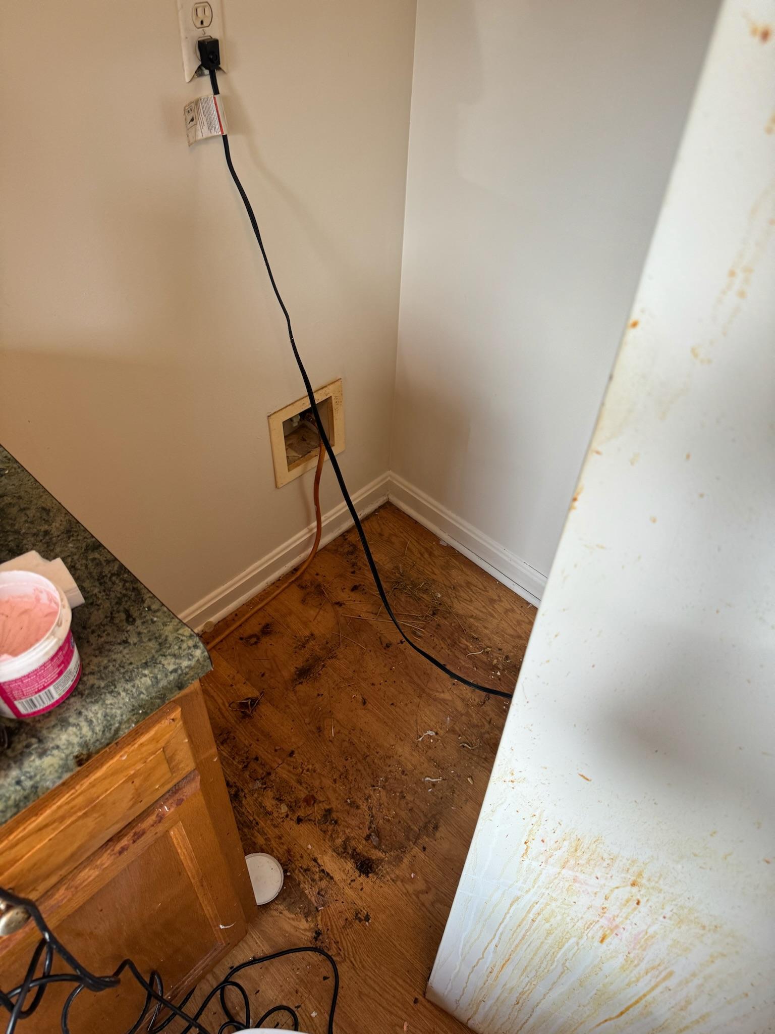 Hardwood floor in a kitchen alcove before cleaning, covered in ground-in dirt and debris where the appliance stood